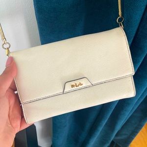 Ralph Lauren white crossbody with thick gold chain. Great for night out.